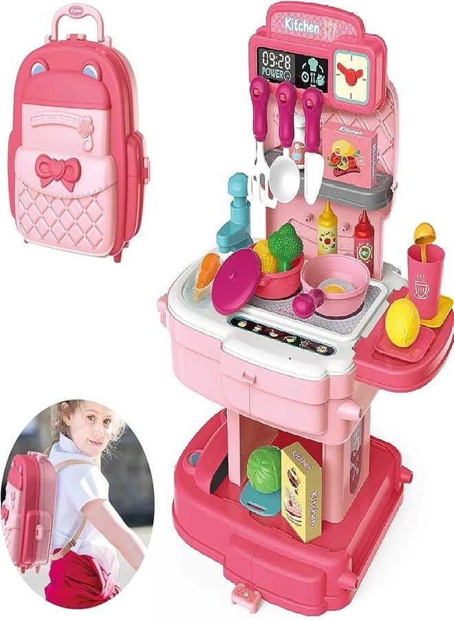 PN AVAN Kitchen Set for Kids 34 Pcs Simulation Portable Kitchen Set for Girls with Realistic Kitchen Suitcase for Kids for 3 Year Old Girls (School Bag Kitchen Set) (Pink) - Image 1